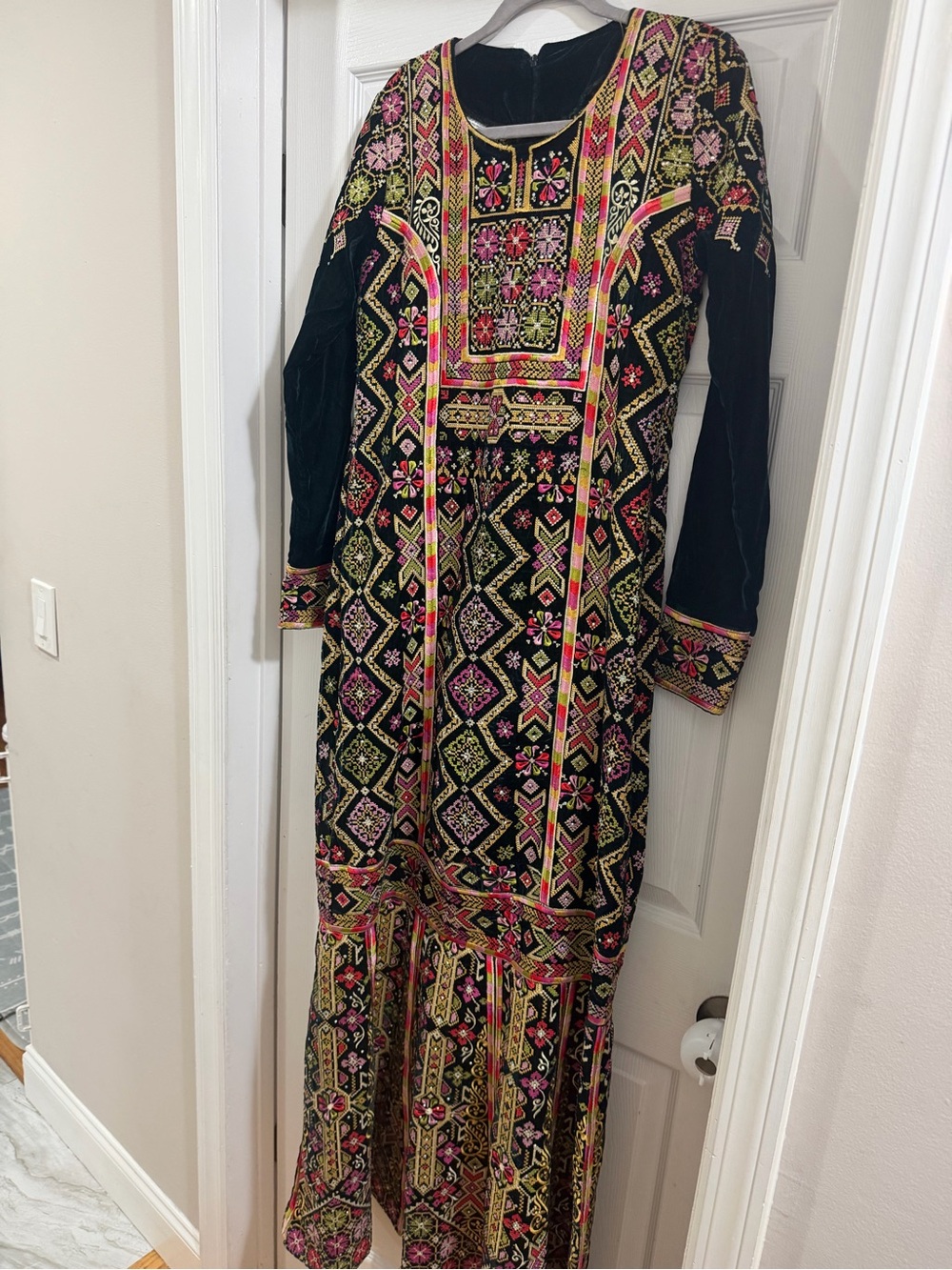 Embroidered green thobe Maxi Dress with Pink & Gold Accents